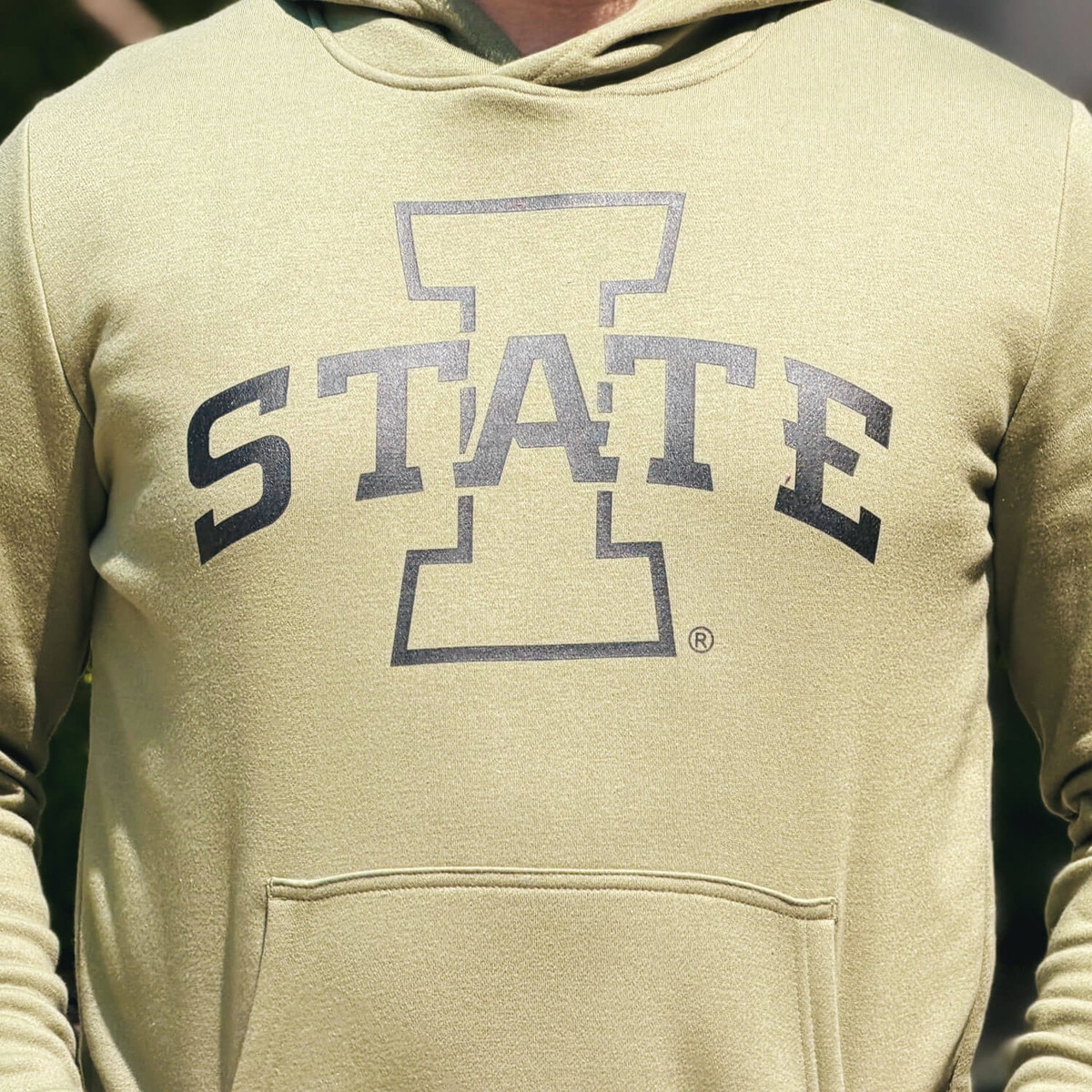 Authentic Brand I-State Olive Green Hooded Sweatshirt design close up
